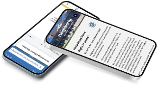 Two phone screens displaying the Neighborly App.
