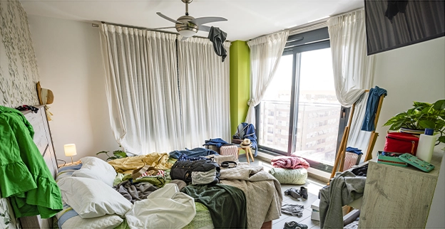 A messy bedroom with clothes all over the bed.