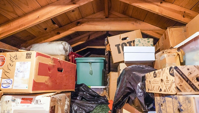 A cluttered attic with a lot of boxes.