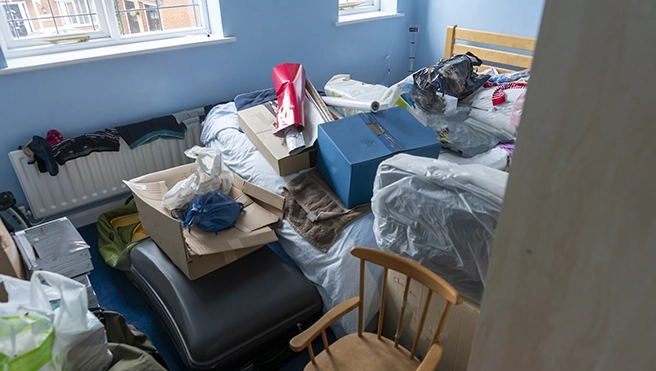 A messy bedroom full of junk.