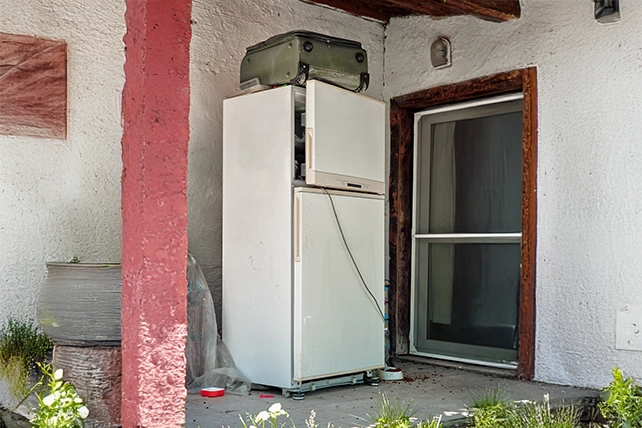 photo of an old refrigerator on a porch.