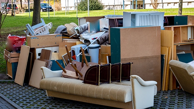 Large piles of desks, sofas and other furniture piled outside.