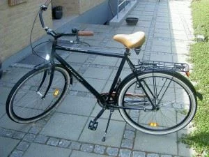 A black bicycle with a tan seat parked on a stone pathway.