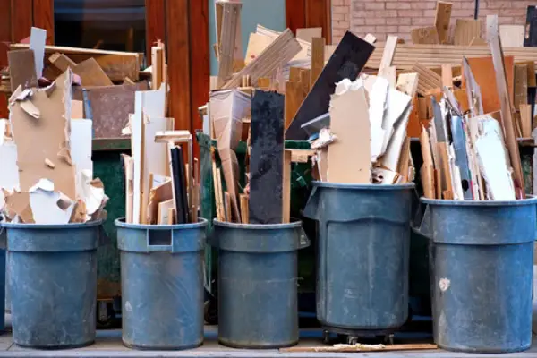 A bunch of trash cans.