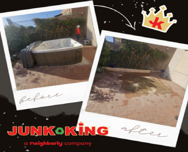 Side-by-side photos show a patio before and after hot tub removal.